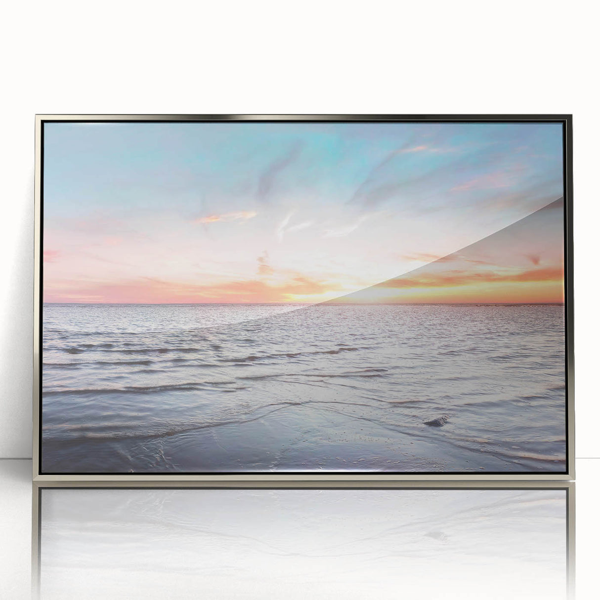 Large art print of a European Estonian scenery in silver-framed acrylic, featuring mid-century modernist style.