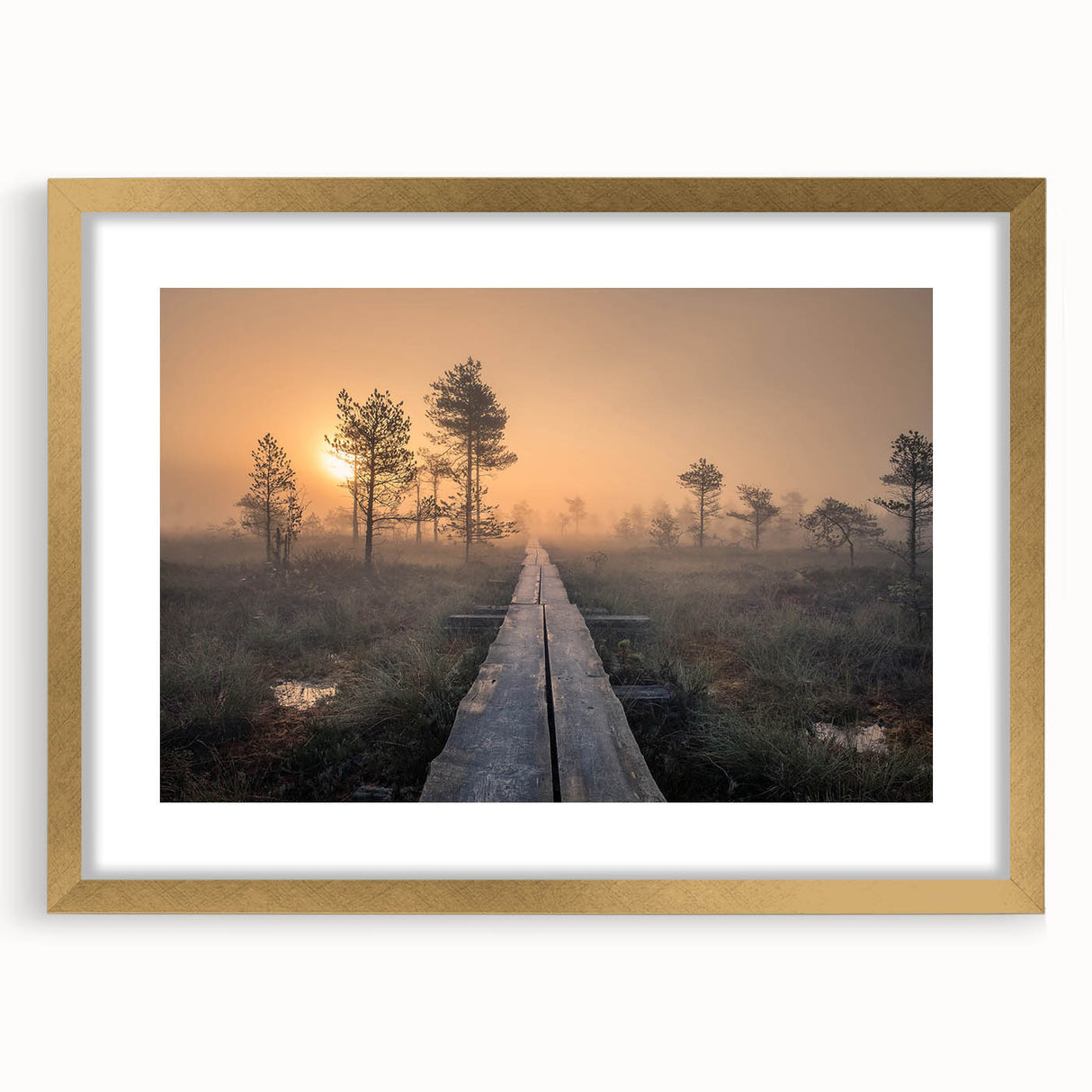 Abstract art print of a serene Finnish landscape in muted blue and gray tones on a framed gold mat.