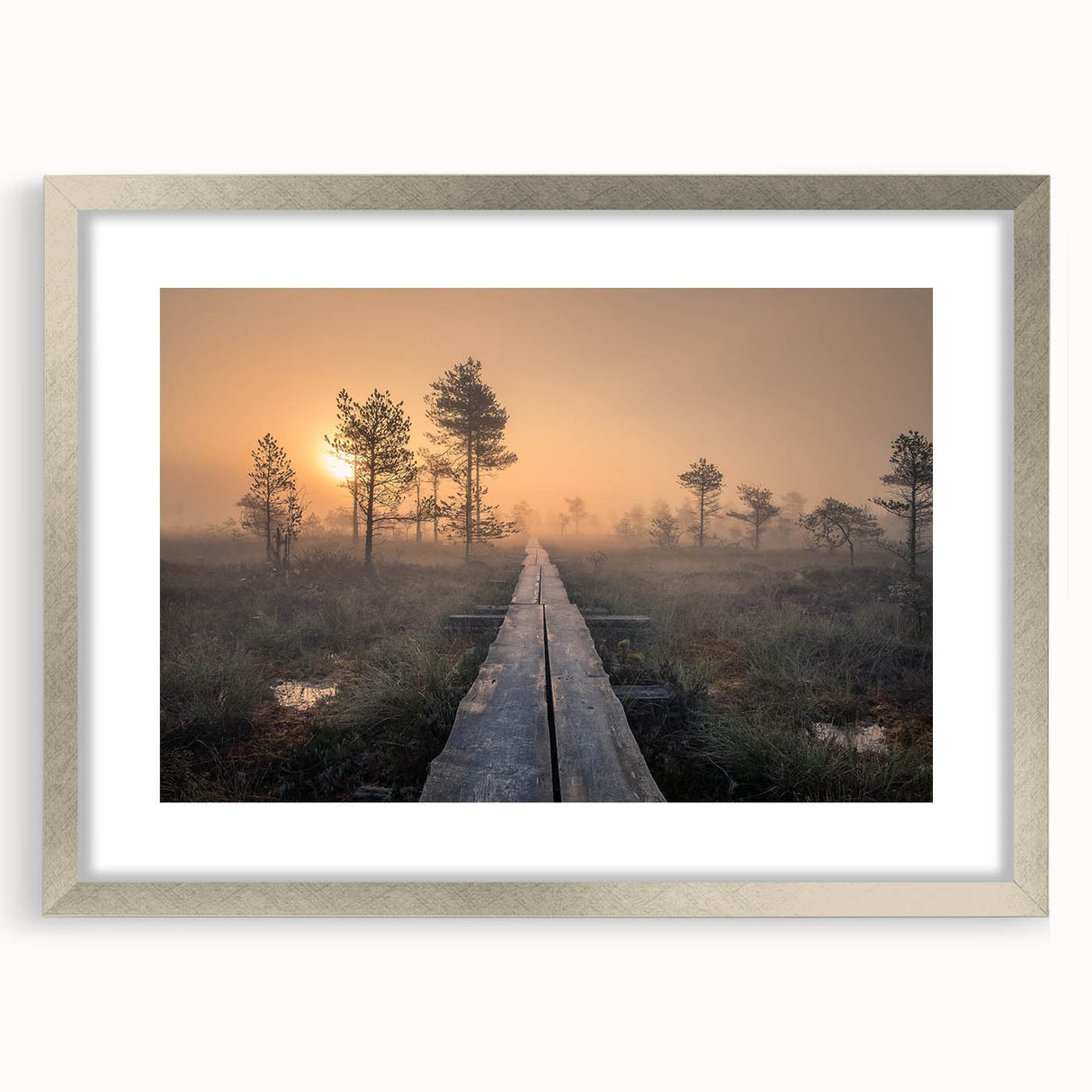 Extra large abstract art print of a textured Finnish landscape in muted earth tones, framed in silver.