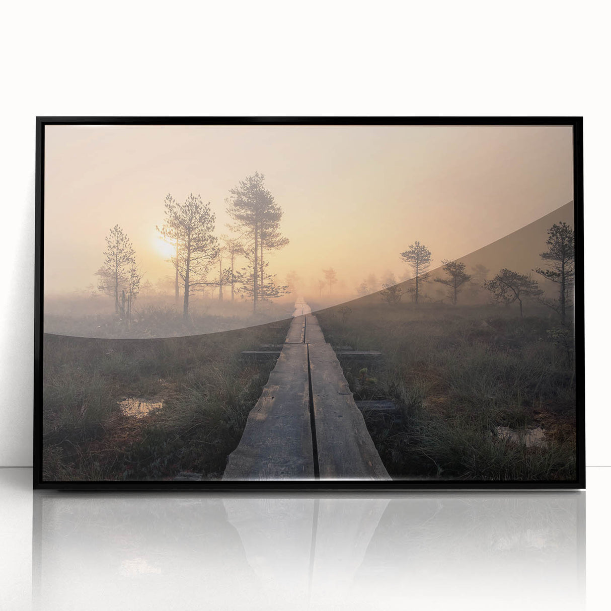 Large abstract wall art depicting a serene Finnish landscape in muted earth tones on a framed acrylic print.