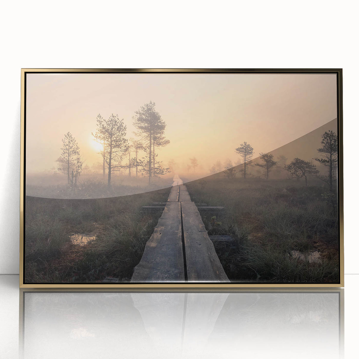 Art deco poster featuring a serene Finnish landscape in muted gold tones, framed acrylic.