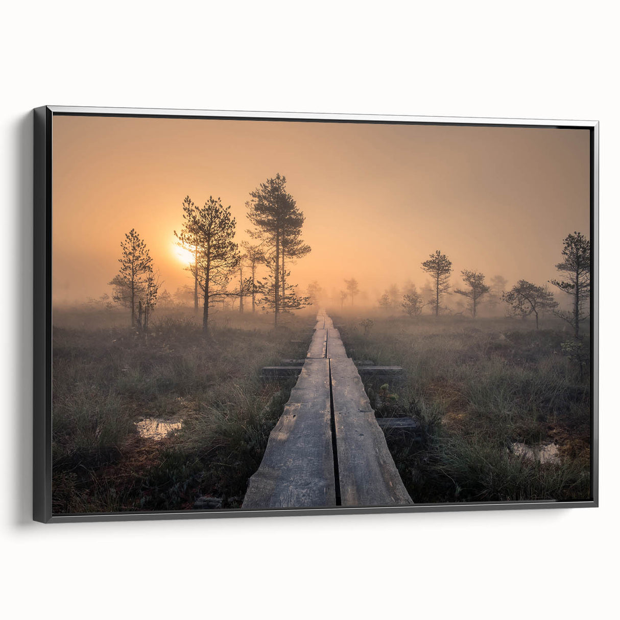 Black and white landscape art painting of a serene Finnish scenery on framed canvas, suitable for bedroom decor.