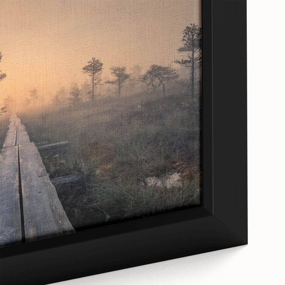 Close-up of a framed canvas featuring a textured, colorful European scenery in black, ideal for living room decor.