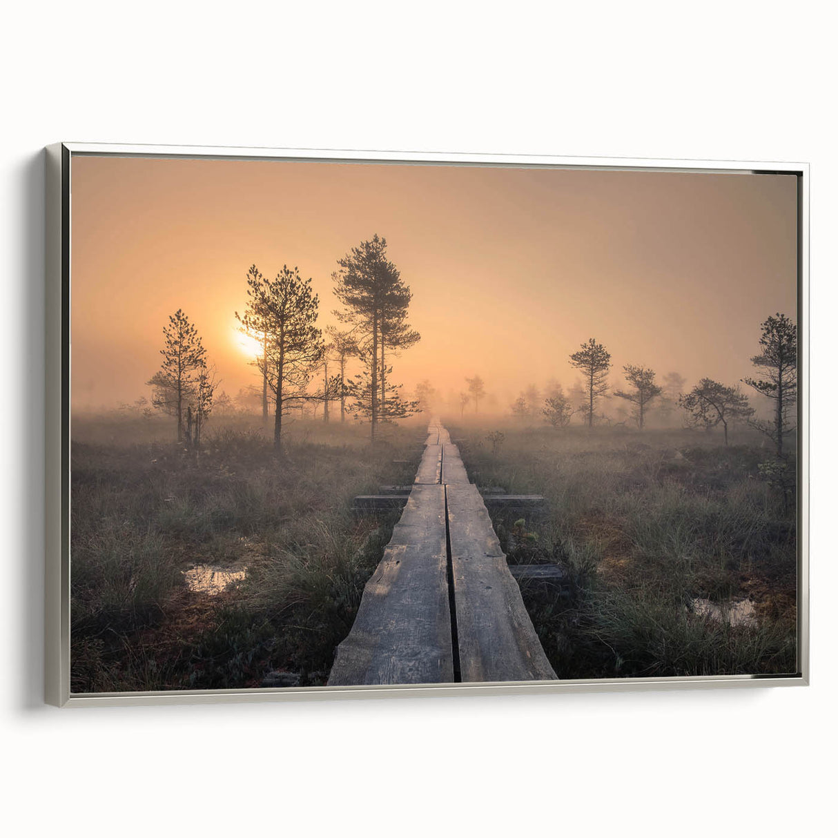 Landscape art painting of a serene Finnish scenery on framed canvas, featuring muted earth tones and silver frame.