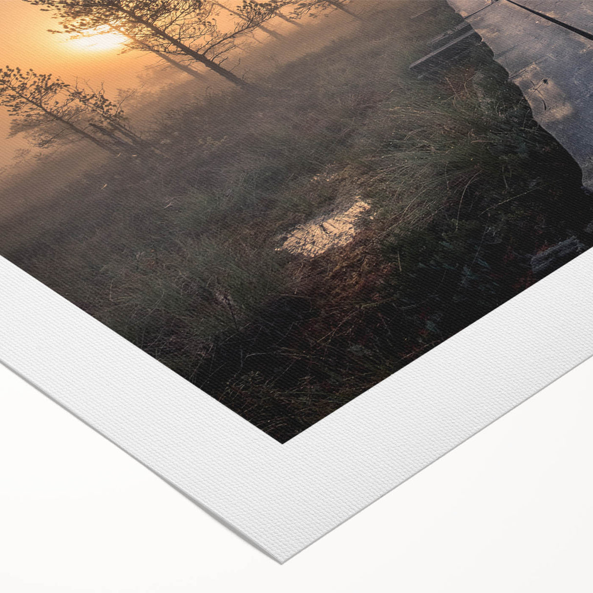 Art deco poster featuring a serene Finnish landscape in muted green and blue tones on rolled canvas.