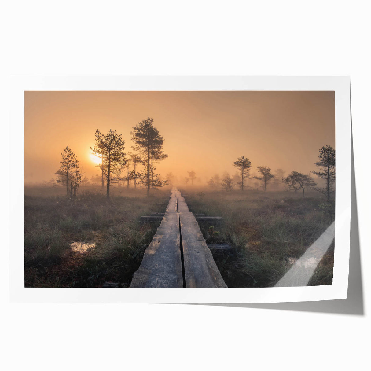 Extra large rolled print of a serene Finnish landscape in muted green and blue tones, ideal for dining room wall art.