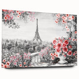 Large abstract wall art of Paris scenery in muted gray tones on acrylic glass, ideal for bedroom or dining room decor.