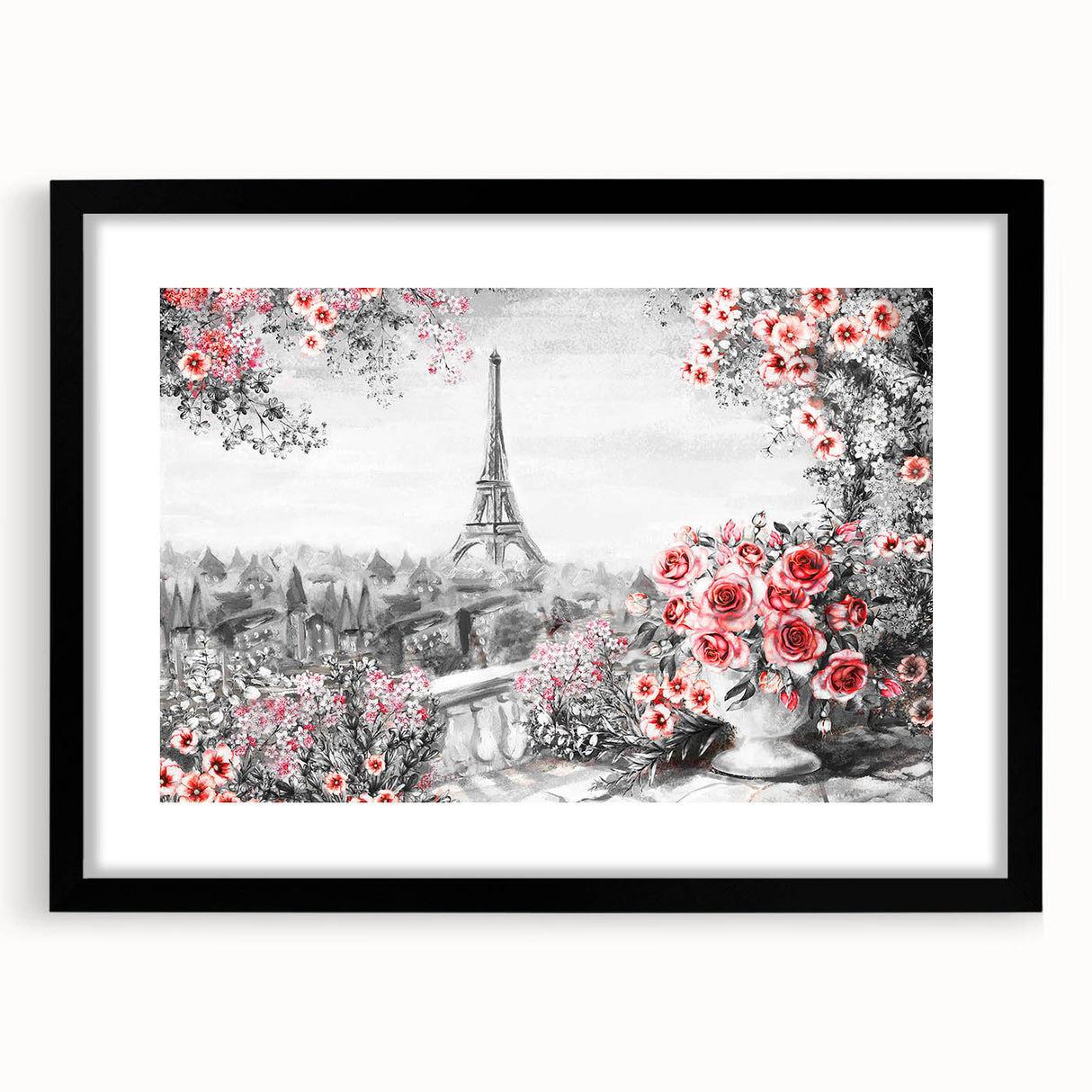 Extra large abstract art print of a colorful Parisian scene in a black frame, ideal for living room decor.