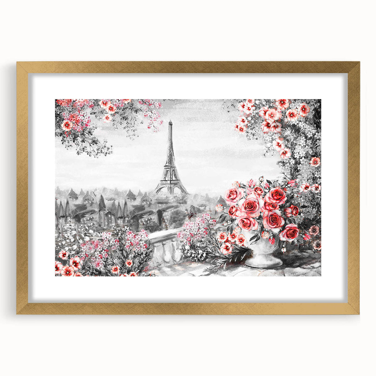 Abstract art print of Paris scenery in muted gold and ivory tones, framed with a mat, ideal for dining room decor.
