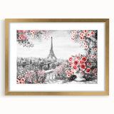 Abstract art print of Paris scenery in muted gold and ivory tones, framed with a mat, ideal for dining room decor.