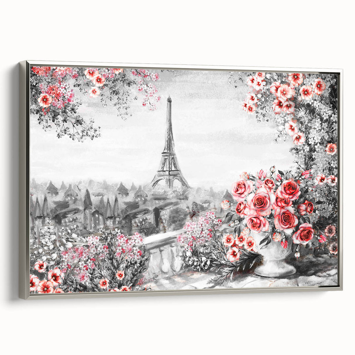 Landscape art painting of a Parisian scene in colorful art style, framed in silver, ideal for living room decor.