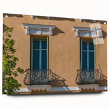 Large abstract wall art depicting a scenic view of southern France in muted earth tones on acrylic glass.