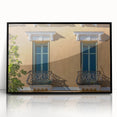 Large abstract wall art depicting a South France scenery in mid-century modernist style, framed in black acrylic.
