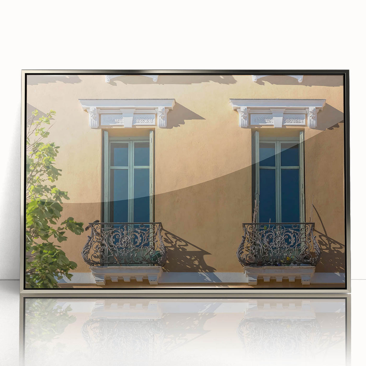 Mid-century modernist art of a scenic South France landscape in muted earth tones, acrylic print in a silver frame.