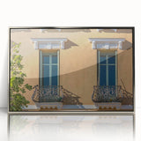 Mid-century modernist art of a scenic South France landscape in muted earth tones, acrylic print in a silver frame.