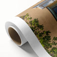 Art deco poster of a scenic South France landscape on rolled canvas, in muted pastel colors, ideal for nursery wall art.
