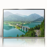 Large art print of a Bavarian landscape in muted greens and blues on a framed acrylic, ideal for modern nursery wall art.