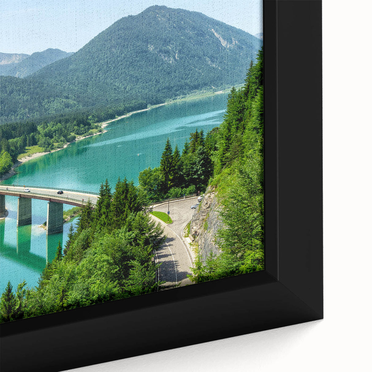 Extra large framed canvas featuring a textured depiction of a Bavarian landscape in black with colorful accents.