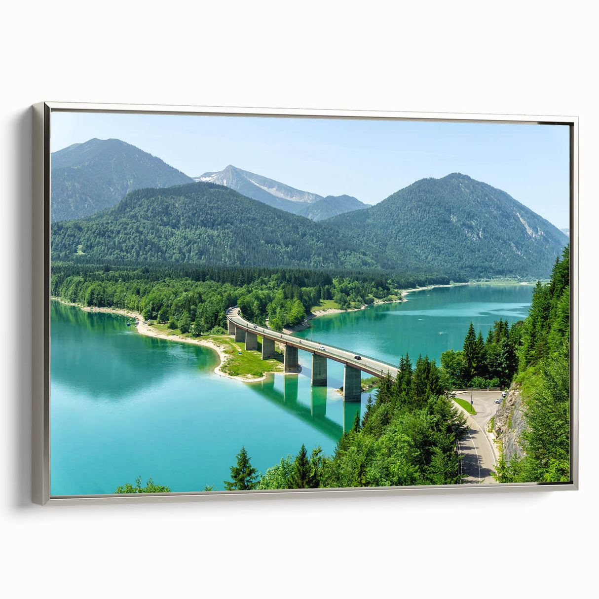 Landscape art painting of Bavarian scenery in vibrant colors on a framed canvas, ideal for living room decor.