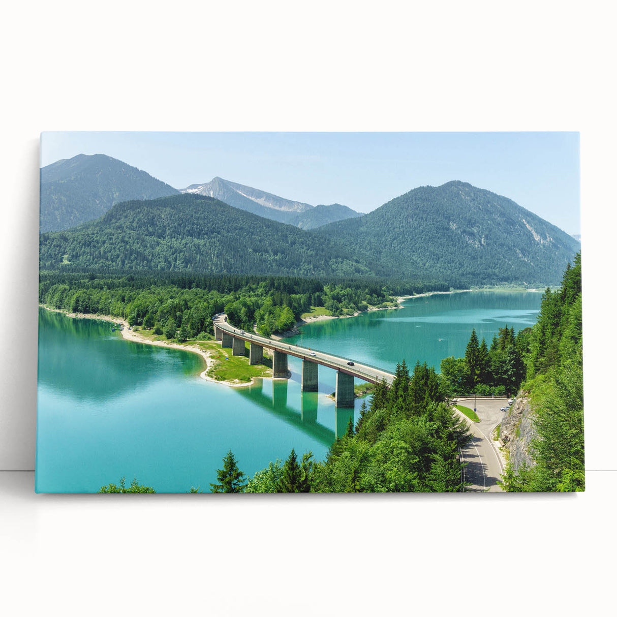 Black and white photograph of Bavarian landscape on stretched canvas, ideal for kitchen wall art.