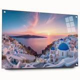 Acrylic glass print of Santorini landscape with blue and white tones, ideal for bedroom or dining room decor.