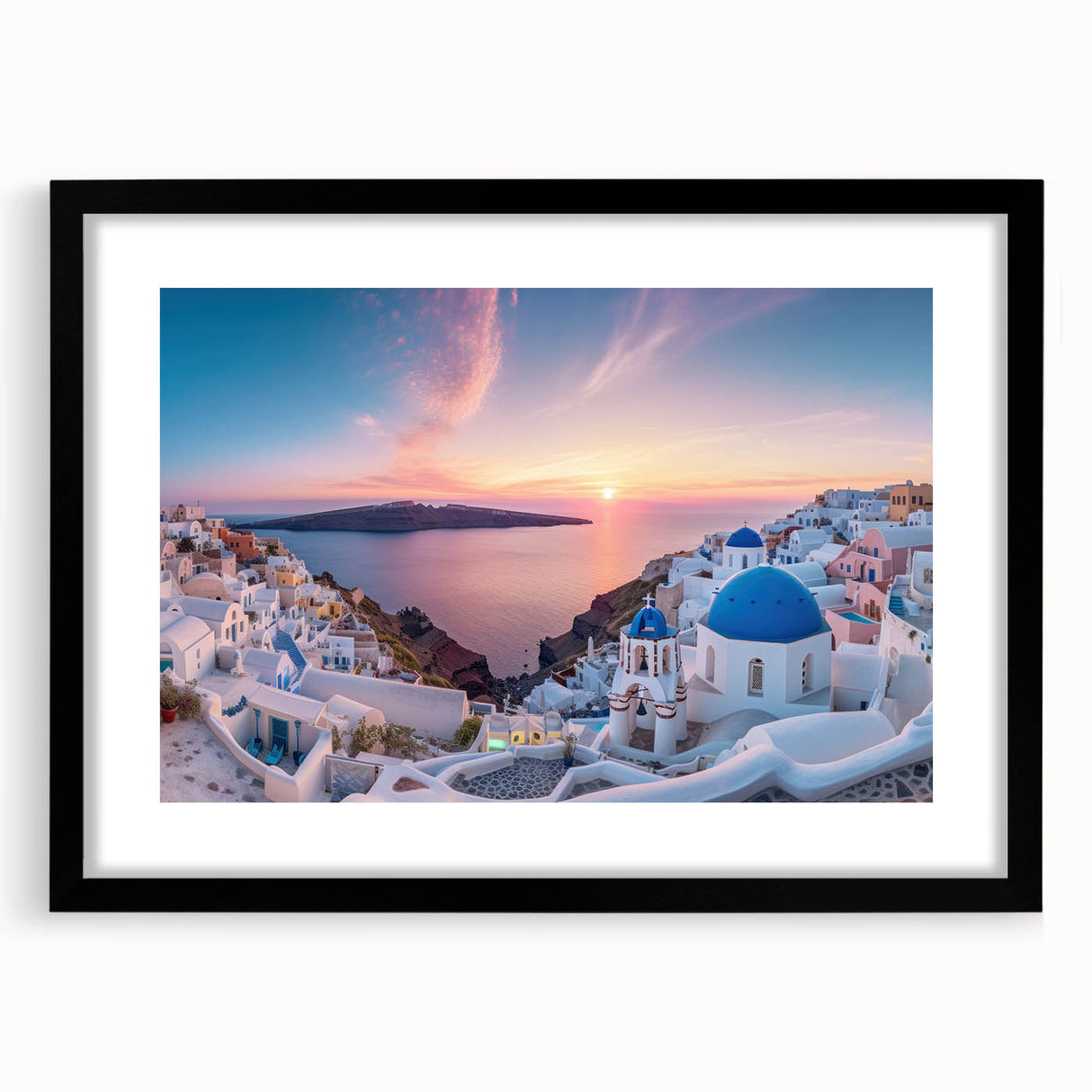Extra large abstract art print of Santorini with vibrant blue and white hues on textured canvas, ideal for living room decor.