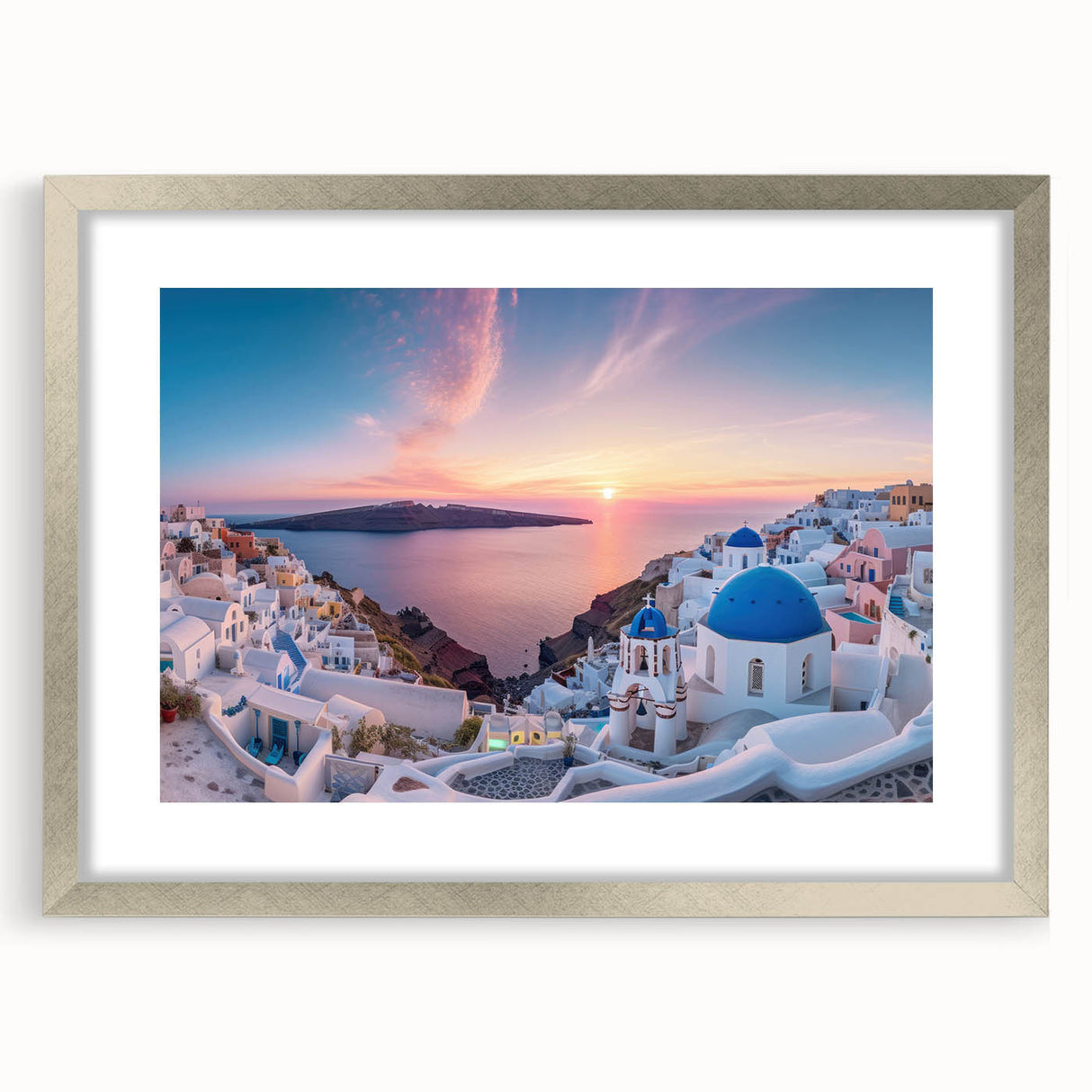 Extra large abstract art print of Santorini with textured details in blue and white, framed in silver.