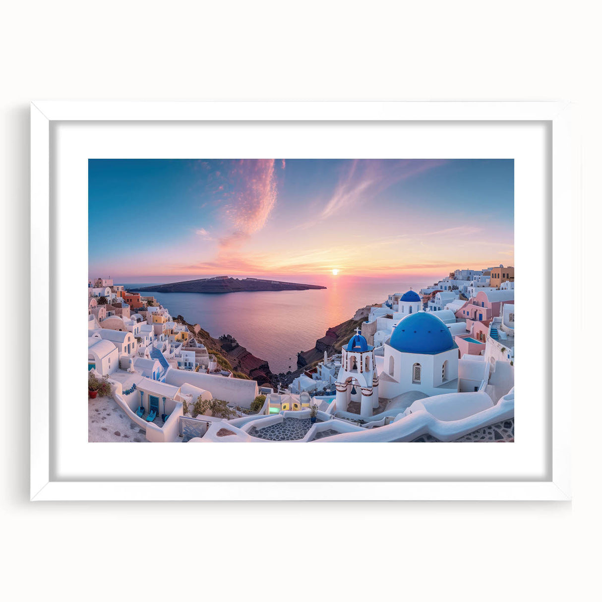 Textured art depicting Santorini with blue and white tones on a framed canvas, ideal for bedroom art.