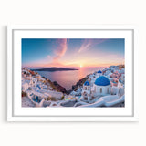 Textured art depicting Santorini with blue and white tones on a framed canvas, ideal for bedroom art.