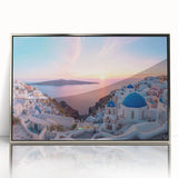 Large art print of a Santorini landscape in muted blue and white tones on a silver-framed acrylic.
