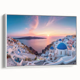 Vintage poster art of Santorini with vibrant blue and white tones on a framed canvas, ideal for living room decor.
