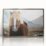 Acrylic print of a serene Icelandic landscape in muted earth tones, framed in gold, suitable for modern art wall decor.