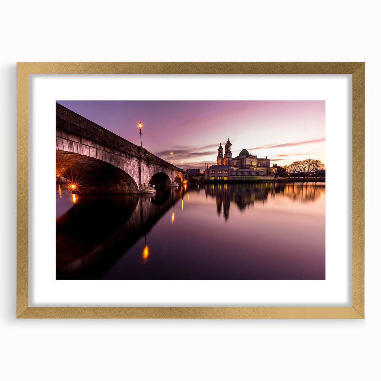 Abstract art print of a European Irish landscape in muted green and blue tones, framed in gold, ideal for dining room decor.