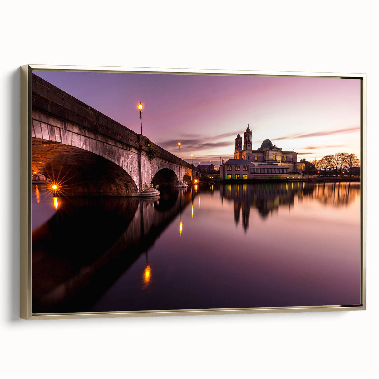 Framed canvas of a vintage-style Irish landscape painting, featuring muted greens and golds, ideal for bedroom wall art.
