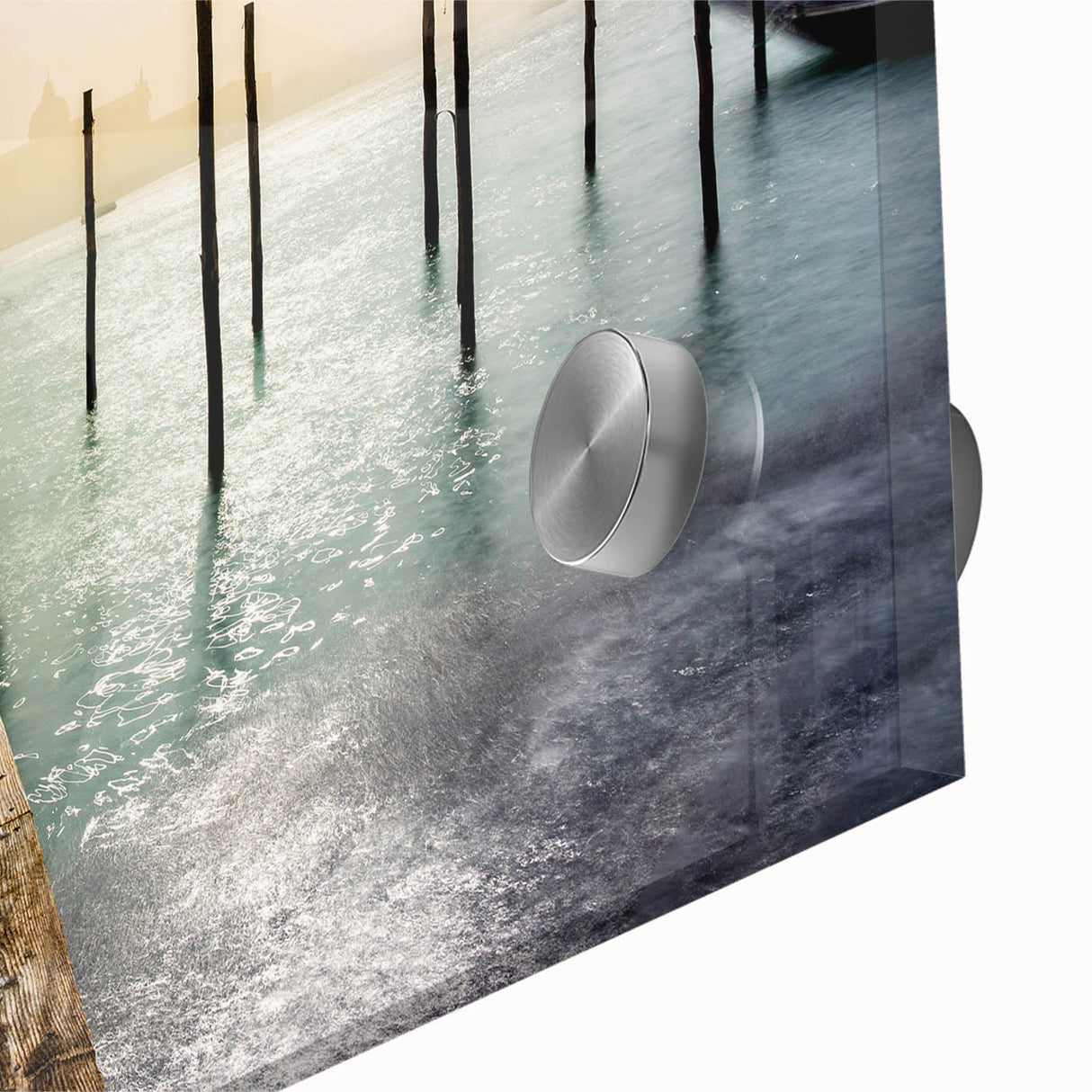 Acrylic print of Venice scenery with muted earth tones, ideal for dining room art in a mid-century modernist style.