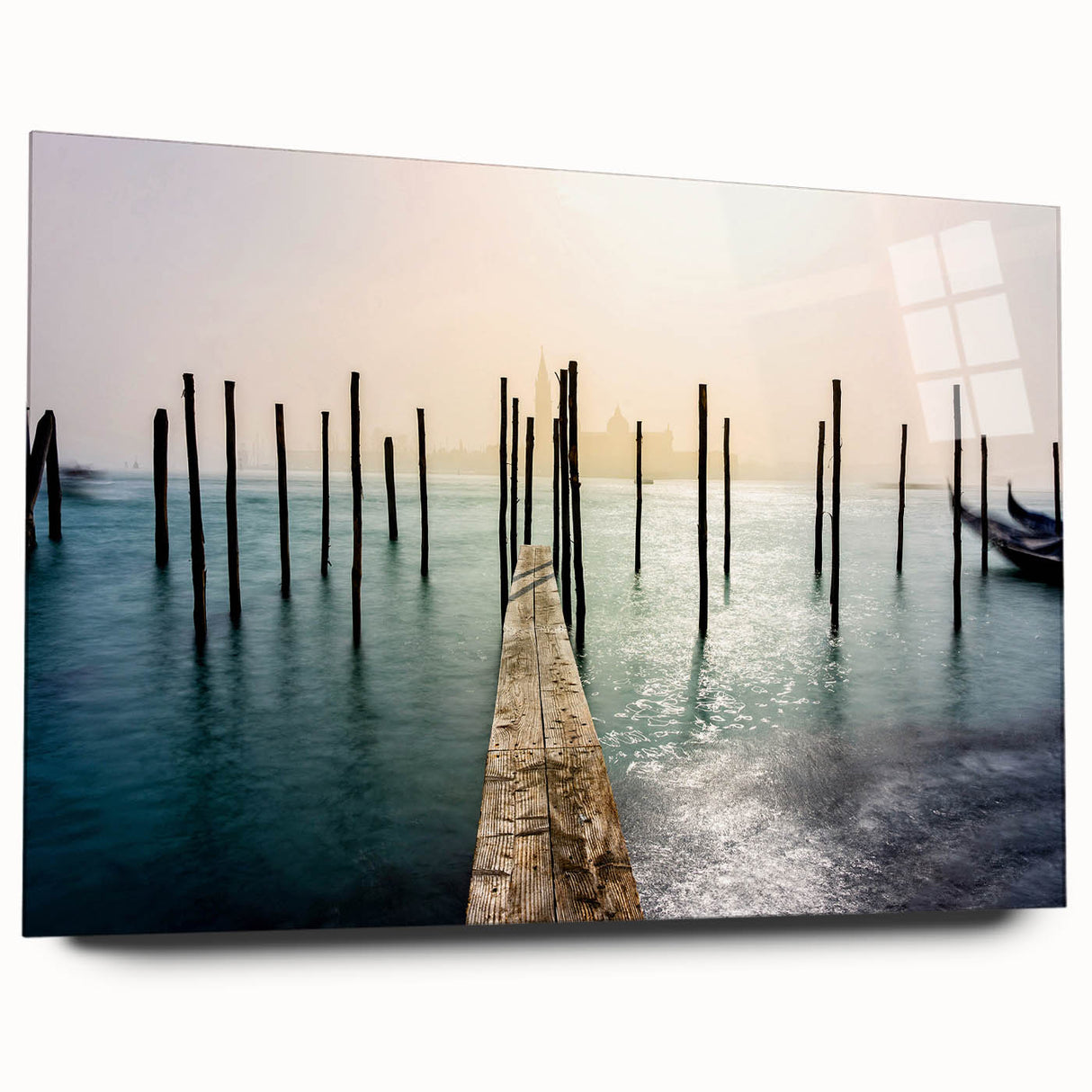 Acrylic print of a large abstract depiction of Venice in muted blue and orange tones, ideal for bedroom or dining room art.