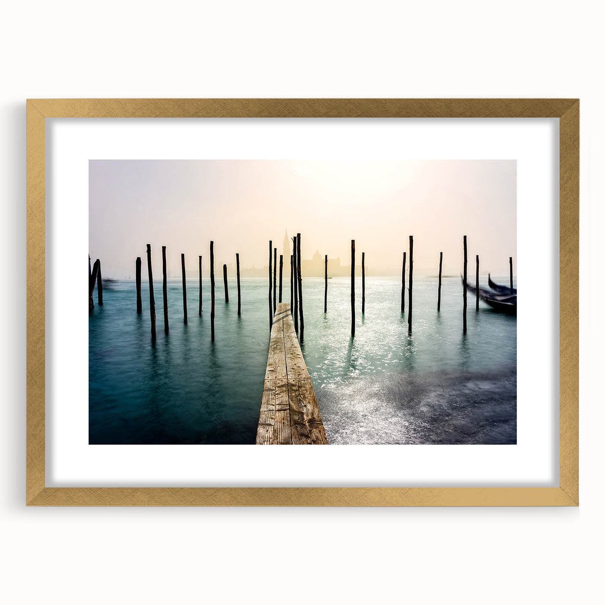 Abstract art print of Venice scenery in muted gold and blue tones, framed with a mat, ideal for dining room decor.