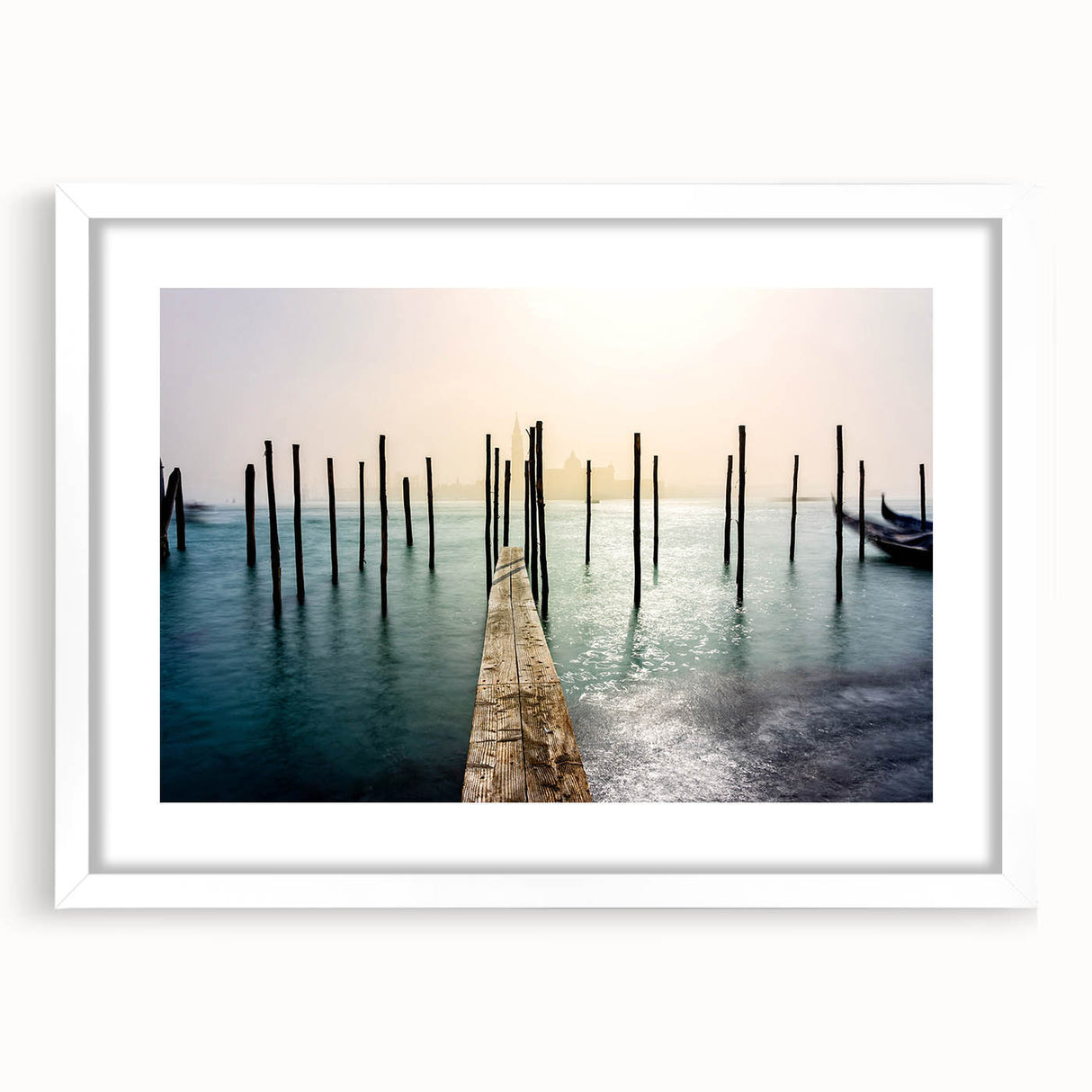 Textured art print of an abstract Venice scenery in muted blue and gray tones on a framed white mat, ideal for bedroom art.