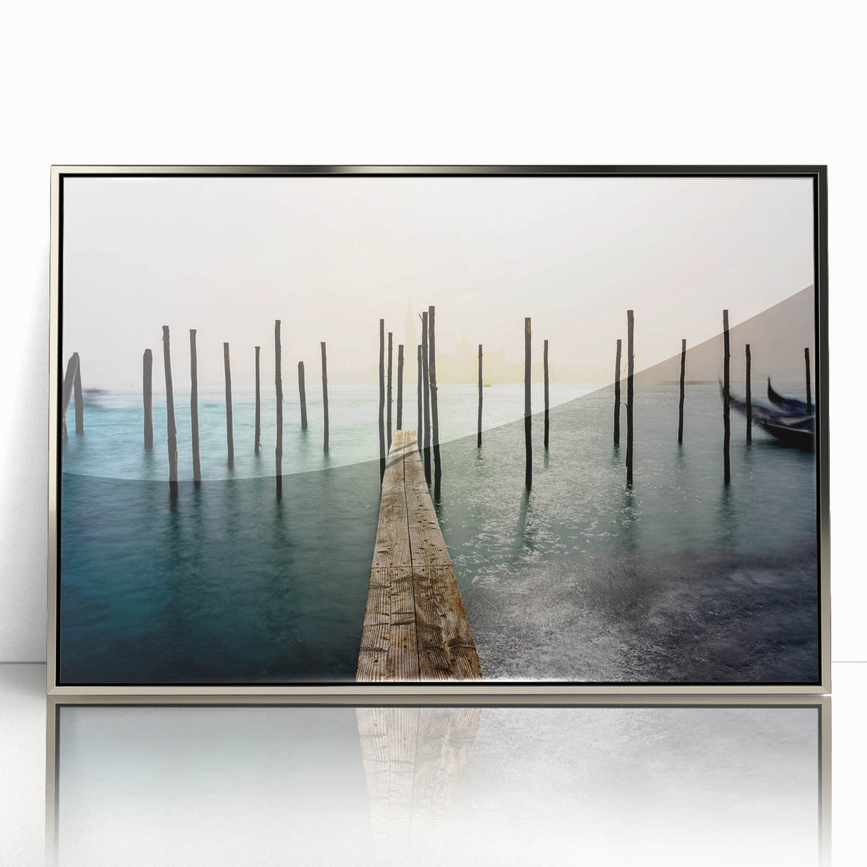 Large art print of Venice scenery in muted earth tones on a silver-framed acrylic, suitable for modern art wall decor.