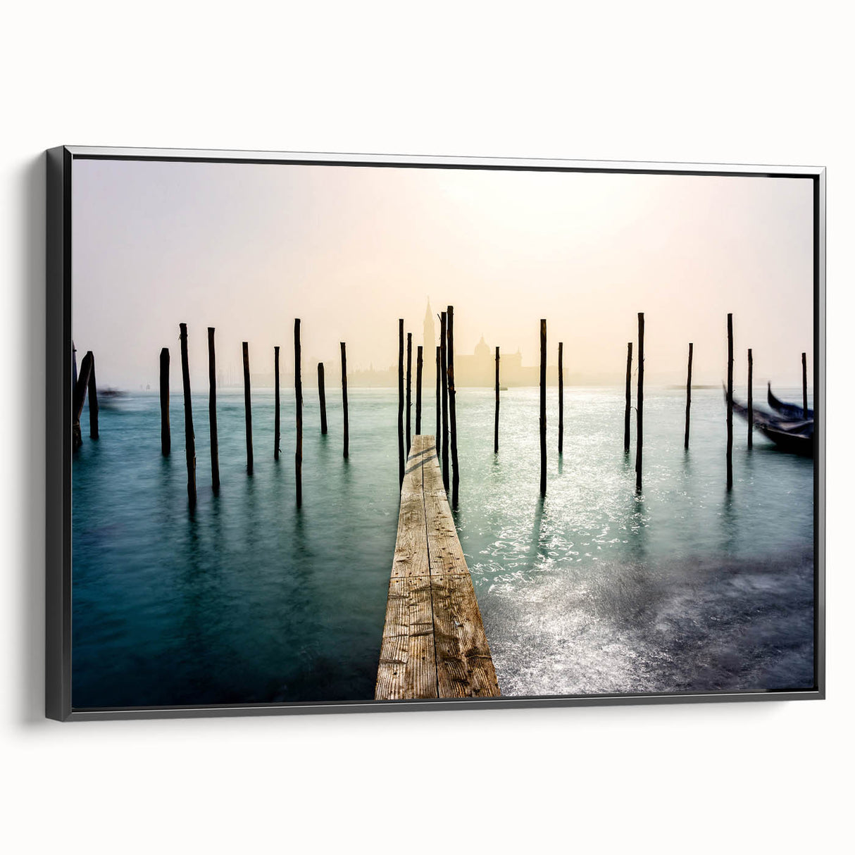 Black and white wall art featuring a vintage-style Venice landscape on framed canvas, ideal for bedroom decor.