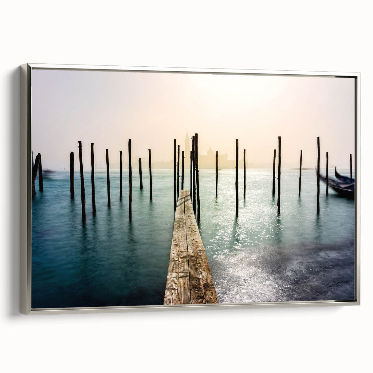 Framed canvas of a vintage-style Venice landscape with vibrant colors on a black background, ideal for living room decor.