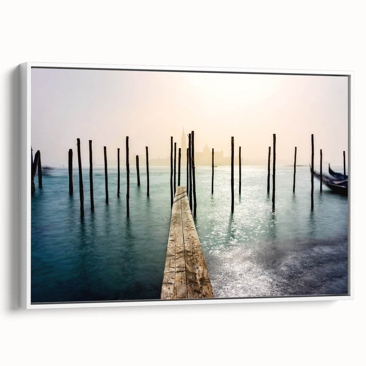 Vintage poster art of Venice scenery on extra-large framed canvas, featuring colorful art against a black background.