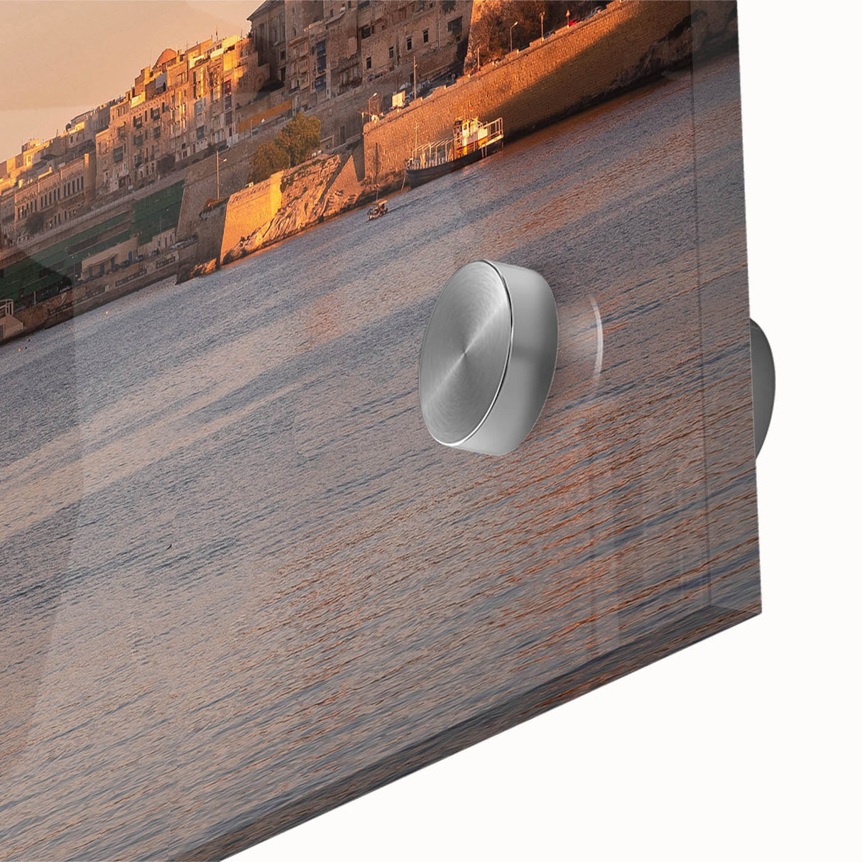 Large abstract wall art depicting a European Malta scenery in vibrant hues on acrylic glass, ideal for dining room decor.