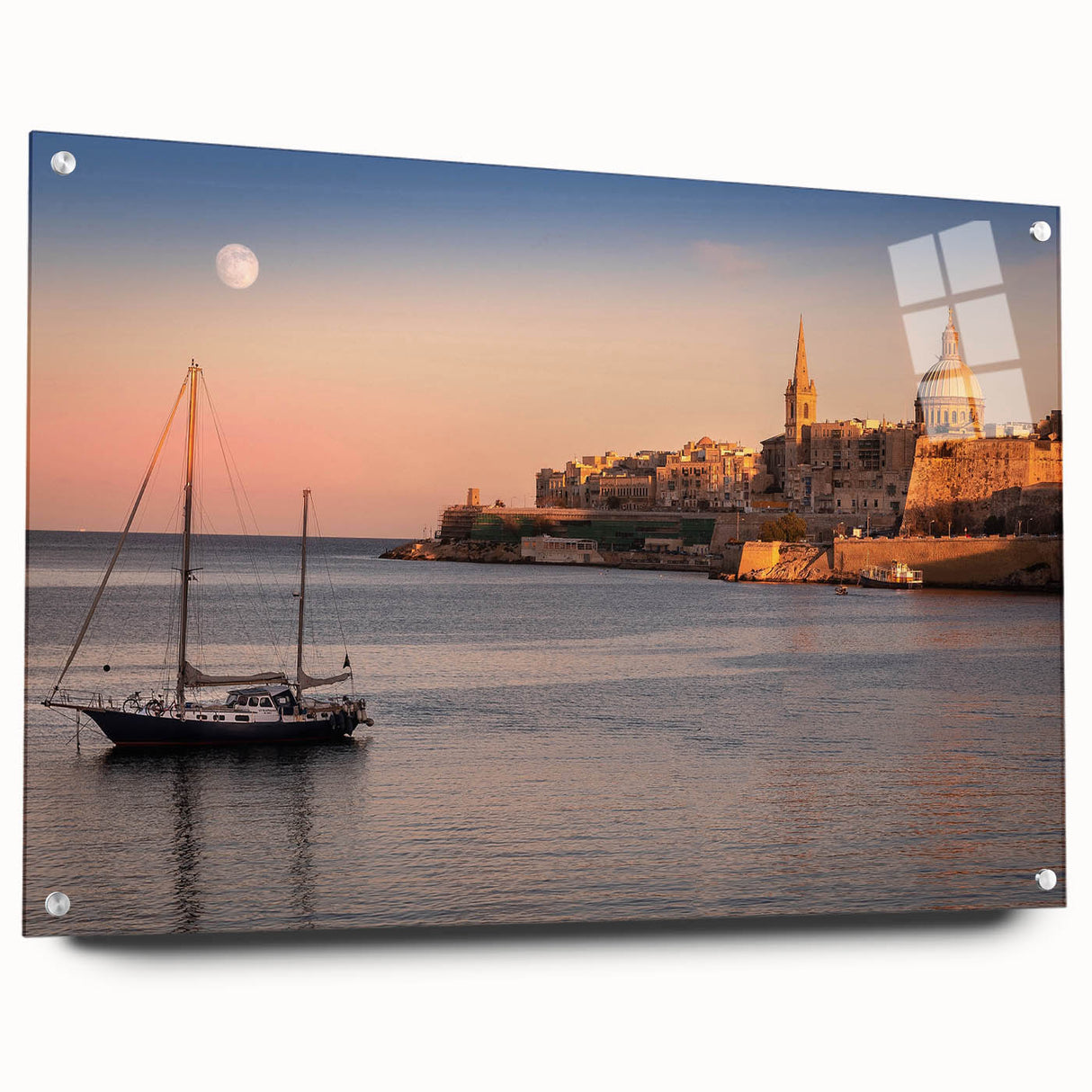 Acrylic print of a European Malta scenery in muted earth tones, ideal for dining room decor.