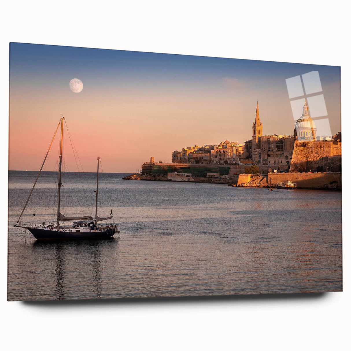 Large abstract wall art of a European Malta scenery in muted earth tones on acrylic glass.