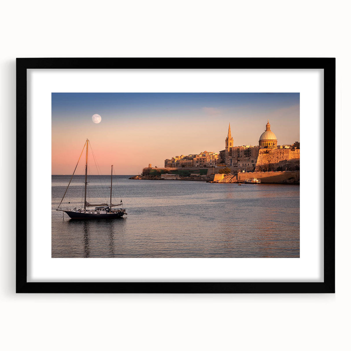 Abstract art print of European scenery in vibrant colors on a textured, extra large canvas, framed in black.