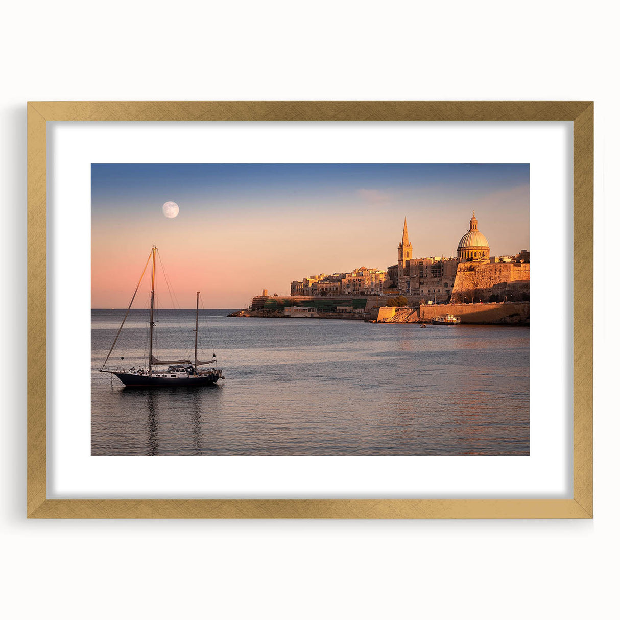 Abstract art print of a European Malta scenery in muted earth tones on a framed gold canvas, suitable for dining room decor.