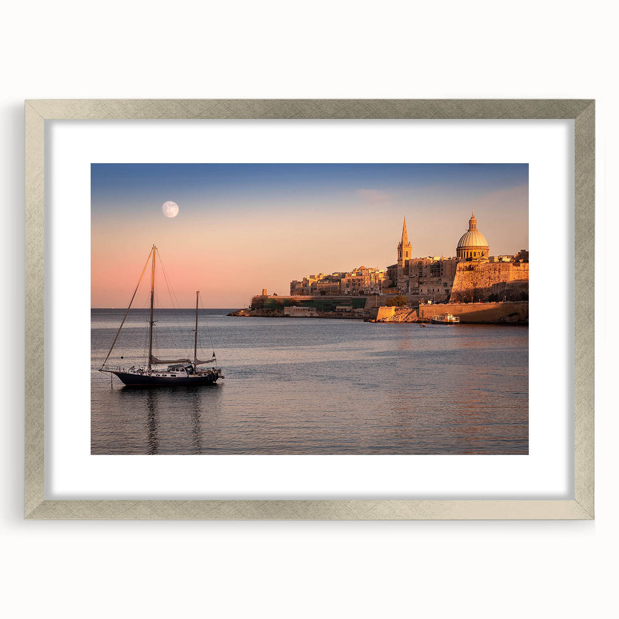 Extra large abstract art print of a European Malta scenery in muted earth tones on a textured canvas, framed in silver.