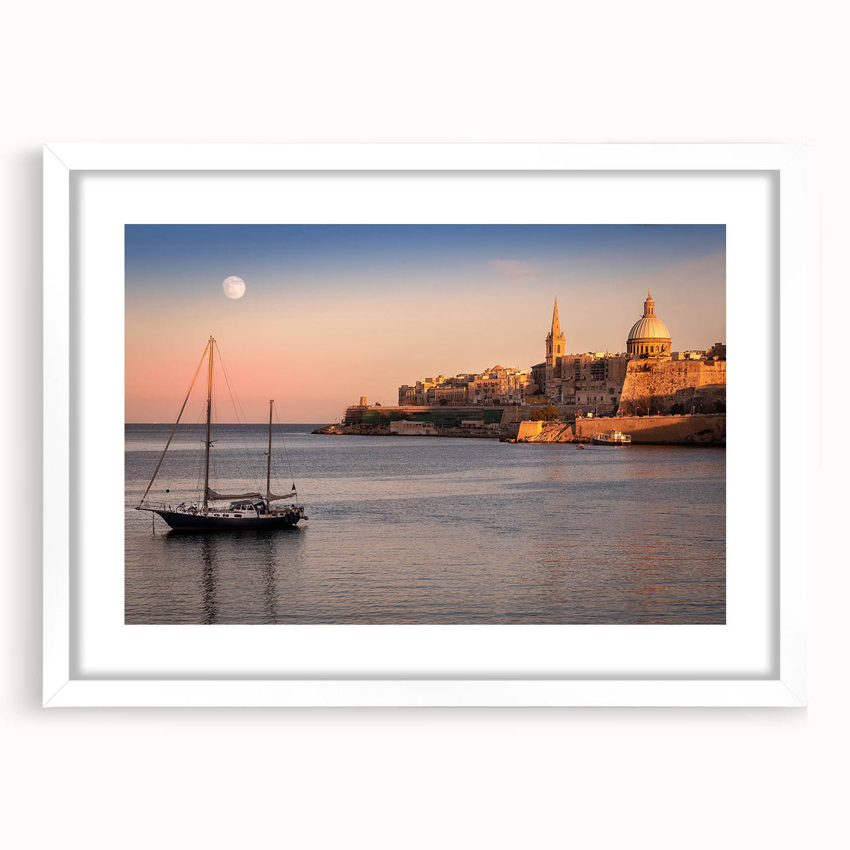 Textured art print of abstract Malta scenery in muted earth tones, framed with a white mat, ideal for bedroom art.