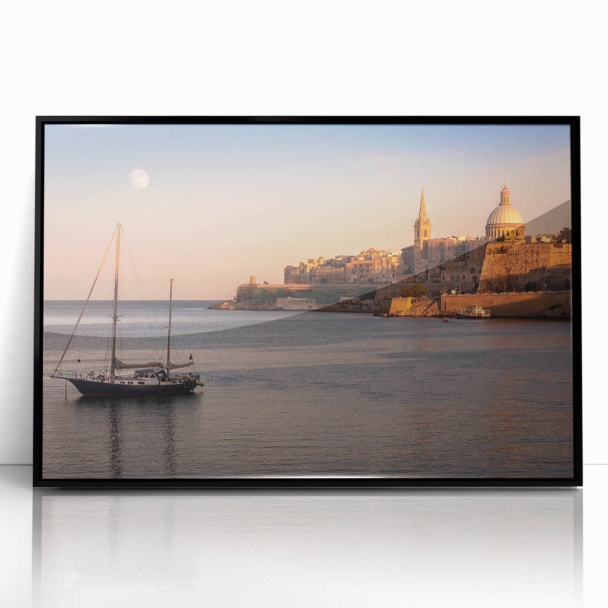 Large abstract wall art depicting a European Malta scenery in muted earth tones, framed in black acrylic.
